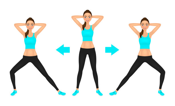 微笑年轻漂亮的女人做弓步运动与手后面的头。穿着紧身裤和露脐上衣的健康女孩。矢量插图。图片下载