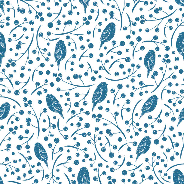 图案与蓝色浆果和红腹灰雀在白色的背景图片下载