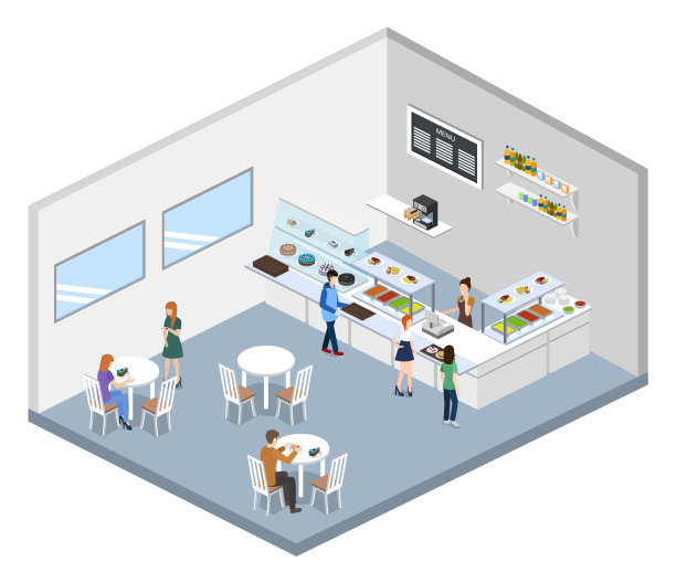 等距三维矢量插图概念糖果或食堂与游客图片下载