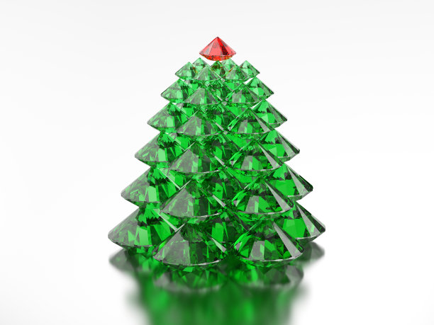 三维插图组的绿色钻石圣诞树与一个红星图片下载