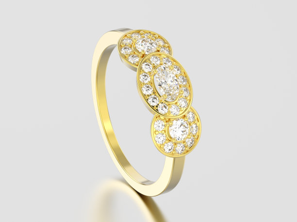 3D插图黄黄金三石单人订婚戒指图片下载