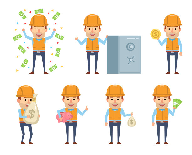 一组滑稽的建筑工人和钱摆姿势图片下载