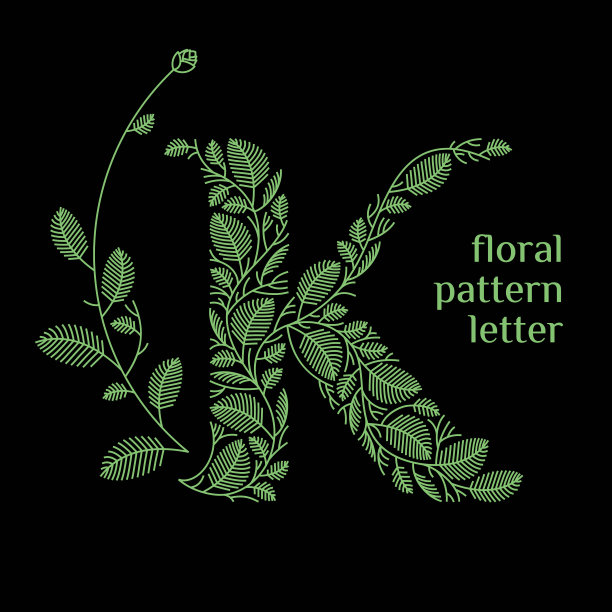 K字母生态商标孤立在黑色背景上。有机生物牌，标志由绿色草叶、植物为企业标识或公司品牌上的字母K。图片下载