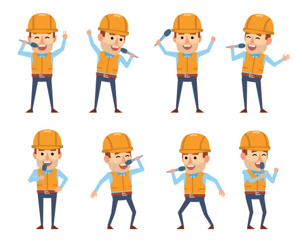 一组滑稽的建筑工人角色与麦克风摆姿势图片下载