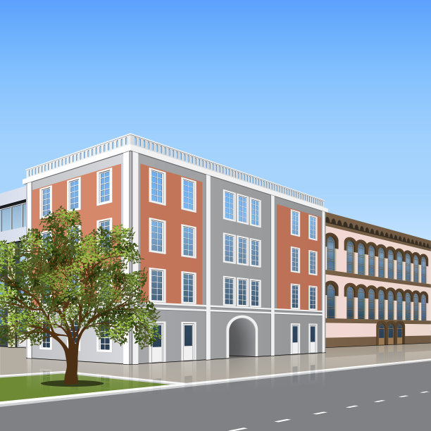 办公楼带有入口和倒影图片下载