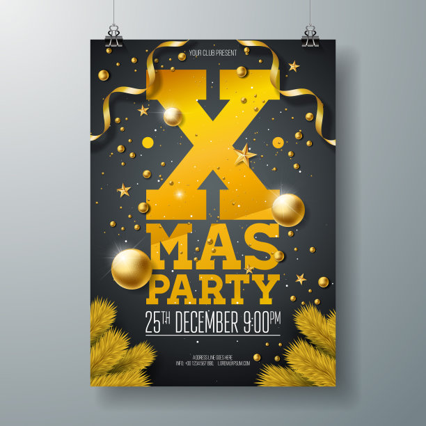 矢量圣诞派对传单设计与节日印刷元素和装饰球，松树枝在黑色的背景。特级庆典海报插图。图片下载