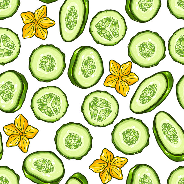 漂亮的彩色无缝图案制成的手绘黄瓜片。素材图片