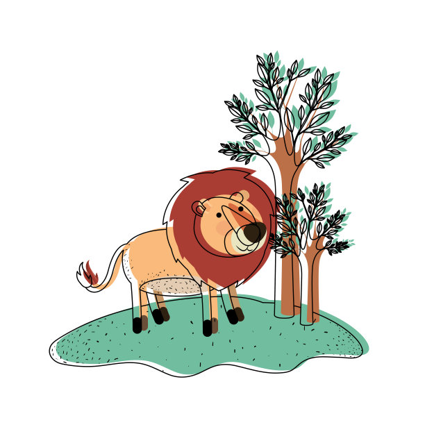 卡通中的狮子在森林中，旁边的树在水彩画剪影图片下载