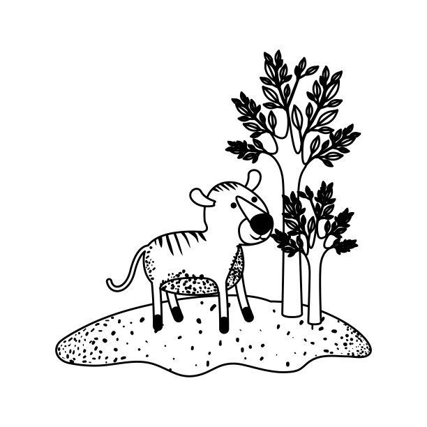 卡通的老虎旁边的树在黑色的部分剪影图片下载