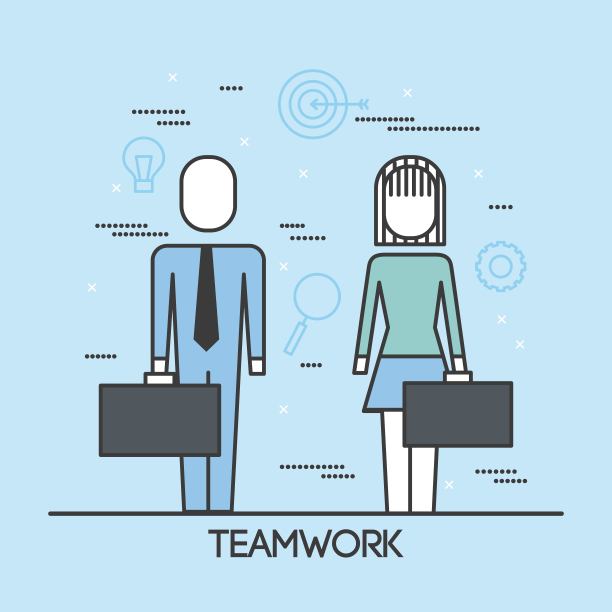 团队合作的男女西装和公文包细线风格图片下载