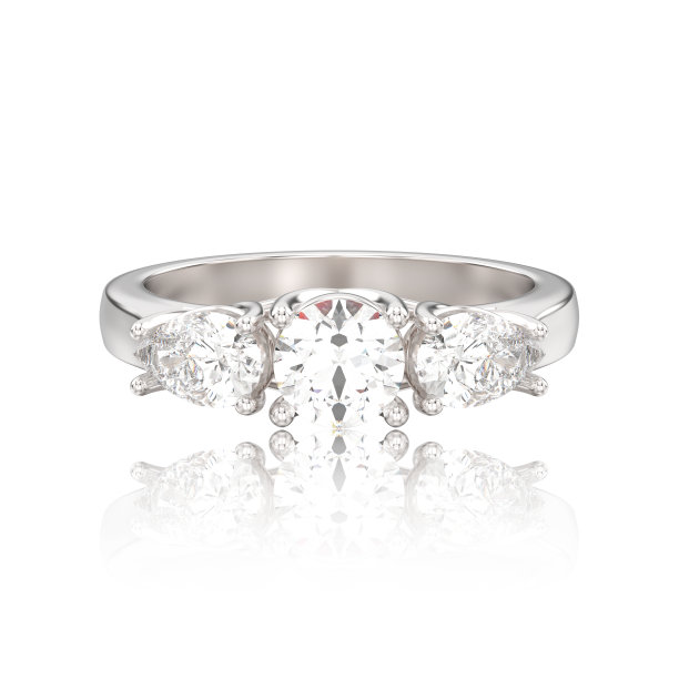 3D插图孤立白金或银三石钻石戒指与反射图片下载