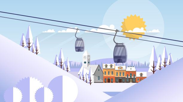 缆车运输绳索的方式越过山，山自然冬季背景横幅与复制空间平面矢量插图图片下载