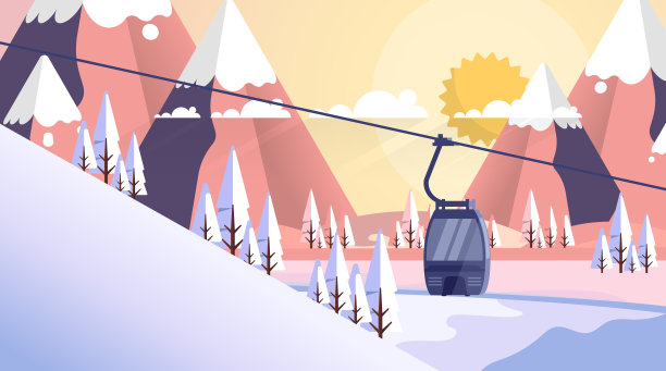 缆车运输绳索的方式越过山，山自然冬季背景横幅与复制空间平面矢量插图图片下载