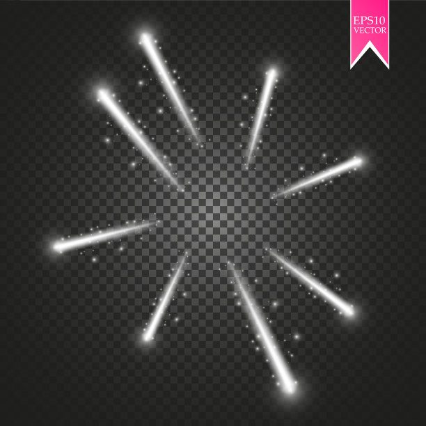 烟花灯光效果与发光的星星在天空孤立的透明背景。向量白色的节日派对火箭爆炸或致敬显示为您的设计图片下载
