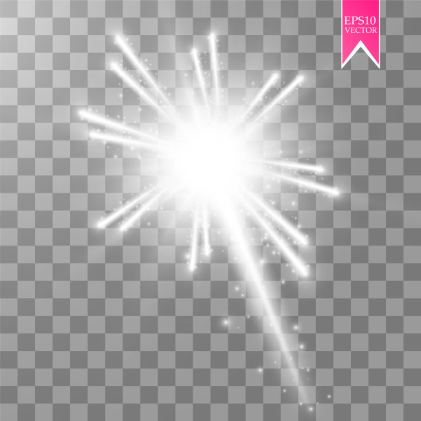 烟花灯光效果与发光的星星在天空孤立的透明背景。向量白色的节日派对火箭爆炸或致敬显示为您的设计图片下载