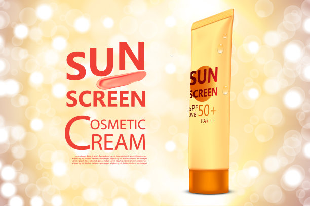 豪华化妆瓶包装护肤霜和太阳眼镜，防晒瓶紫外线挡，美容化妆品海报，与散景背景图片下载