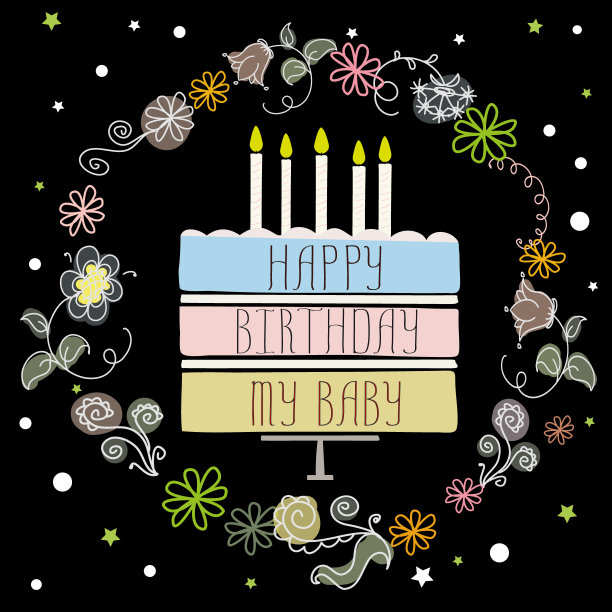 可爱的生日贺卡，有蛋糕和蜡烛图片下载