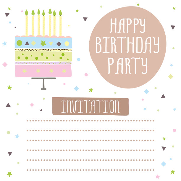 生日快乐，可爱的带蛋糕和鲜花的请帖图片下载