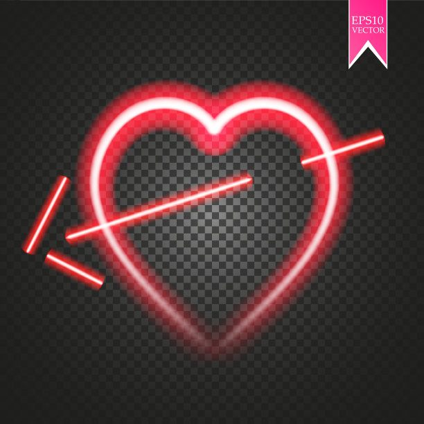 明亮的霓虹灯的心。心标志与丘比特箭在黑暗透明的背景。霓虹灯光效果图片下载