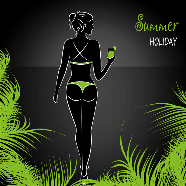 海滩上一个穿着泳装的美丽女孩的剪影图片下载