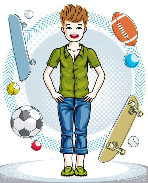 可爱的小男孩少年站在时尚休闲服装向量人体插画。时尚生活主题卡通。图片下载