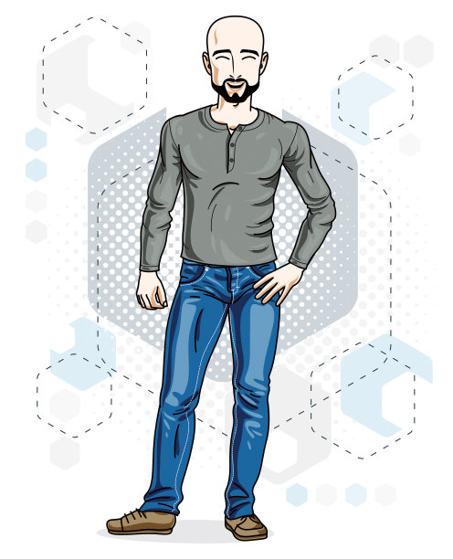 自信英俊的光头青年站着。矢量插图的男性胡子和络腮胡穿休闲装，牛仔裤裤子。图片下载