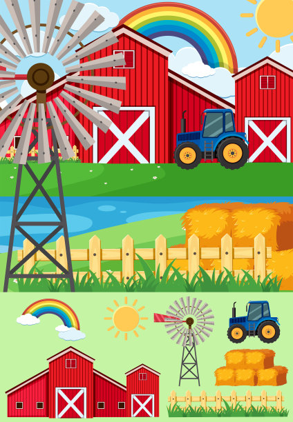 农场场景与拖拉机和干草图片下载