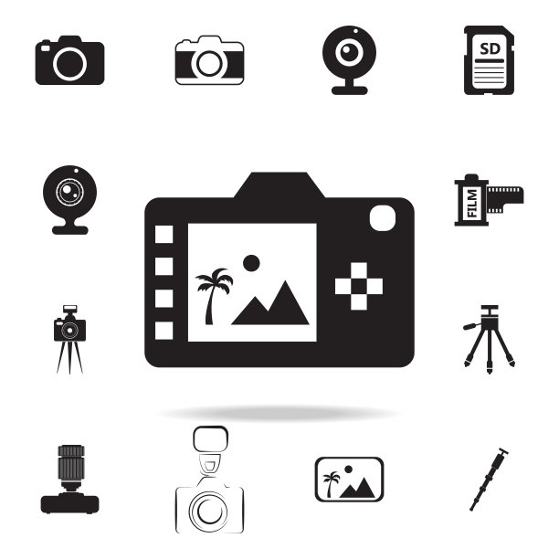 数码相机背面显示带有阴影的图标。一组照片元素图标。照片相机质量平面设计收集图标网站，网页设计，移动应用程序图片下载