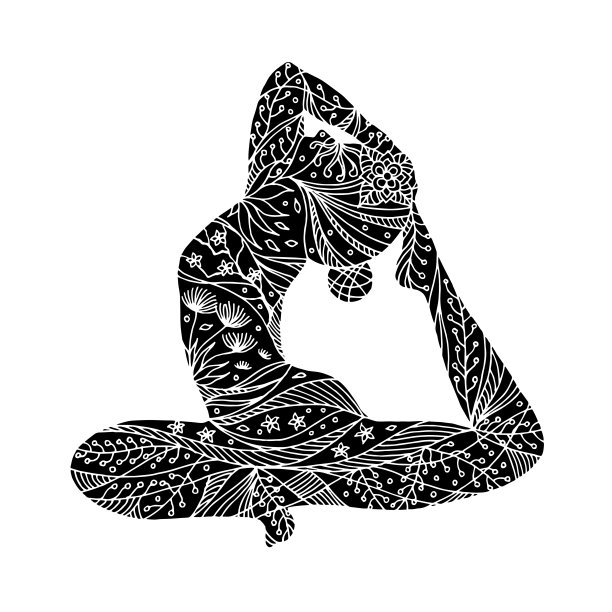 一只腿国王鸽子姿势瑜伽，Eka Pada Rajakapotasana，坐姿，花卉抽象艺术，矢量设计插画图片下载