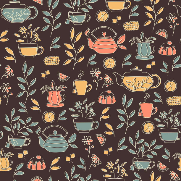 背景与茶壶，杯子，柠檬，花和叶子。图片下载