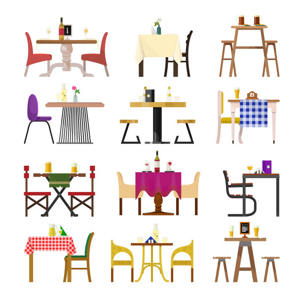 咖啡馆的桌子在餐厅设置向量餐厅家具桌子和椅子为浪漫的午餐晚餐约会在自助餐厅插图孤立在白色的背景图片下载