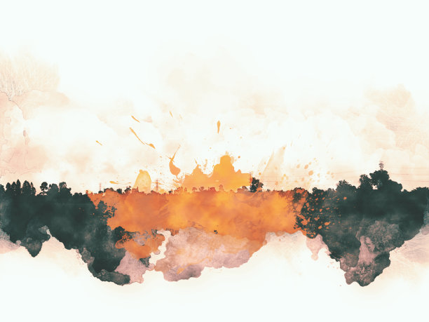 抽象美丽的阳光，日落，日出和树景观在水彩画的背景。图片下载