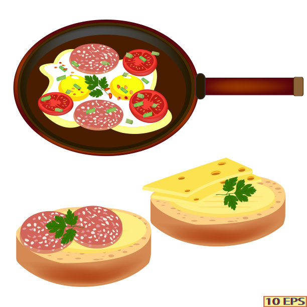 煎蛋和香肠特写。香肠和番茄炒蛋。香肠三明治和奶酪三明治。向量。图片下载