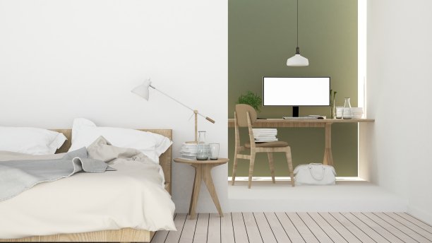 卧室房间室内空间的床角和装饰墙在酒店- 3d渲染图片下载