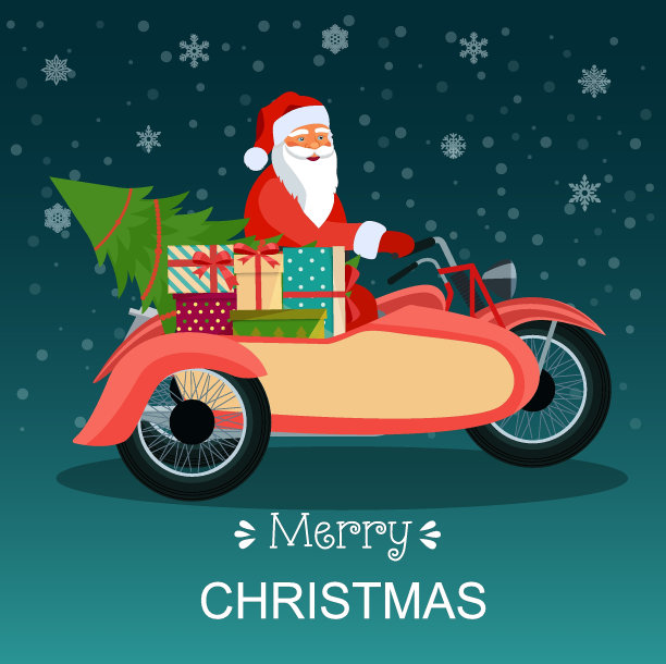 复古红色摩托车，有圣诞老人，圣诞树和礼品盒。矢量平面风格的插图。图片下载