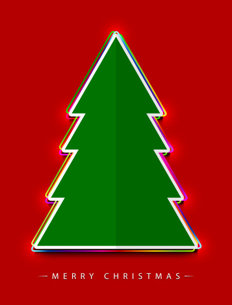 圣诞快乐!矢量抽象创造性的扁平绿色圣诞树由彩色的多色轮廓与发光的光效果在红色的背景。图片下载