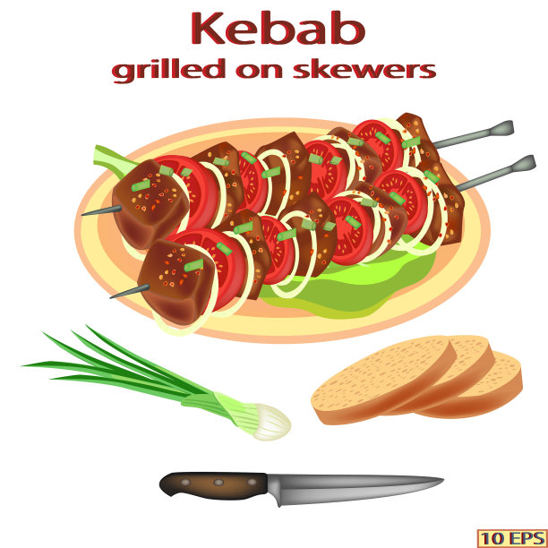 加香料和洋葱的烤肉串。烤肉串上的烤肉。美味的肉，在木炭上烤，配上西红柿，洋葱和面包。烧烤。矢量插图的食谱，餐厅菜单。素材图片