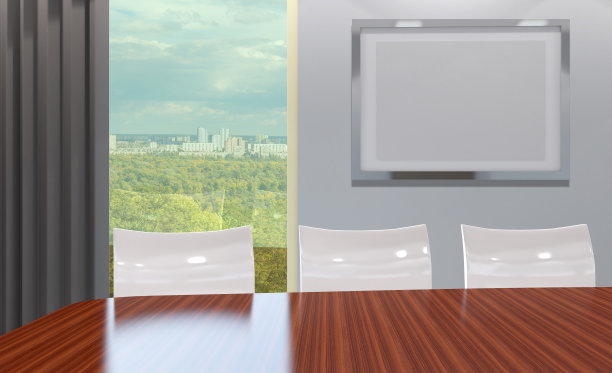 一个办公室内部的一排深色木桌的正面视图。3 d渲染…空的图片图片下载