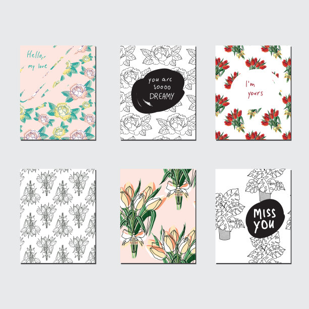 向量当代贺卡设置与郁金香，牡丹和怪兽。手绘抽象模板的生日，业务，周年纪念，婚礼，聚会邀请，假期。素材图片