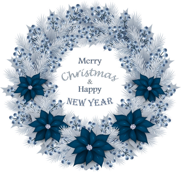 用冷杉树枝、蓝莓和鲜花装饰的圣诞花环图片下载