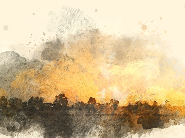 抽象美丽的树木景观和阳光在早晨彩色水彩画的背景。图片下载