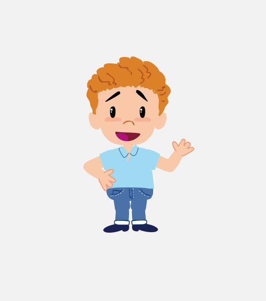 穿着牛仔裤的金发男孩高兴地挥手。图片下载