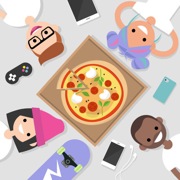 俯视图上的千禧一代躺在地板上吃披萨。的生活方式。生成z /平面可编辑矢量插图，剪辑艺术图片下载