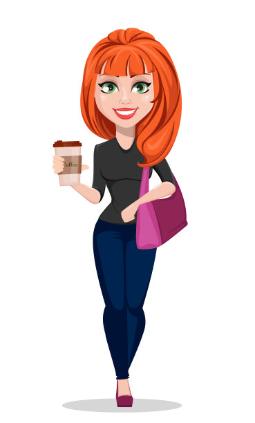 时尚的女孩拿着手提包和咖啡图片下载