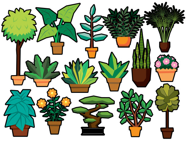 一套卡通植物孤立的白色背景图片下载