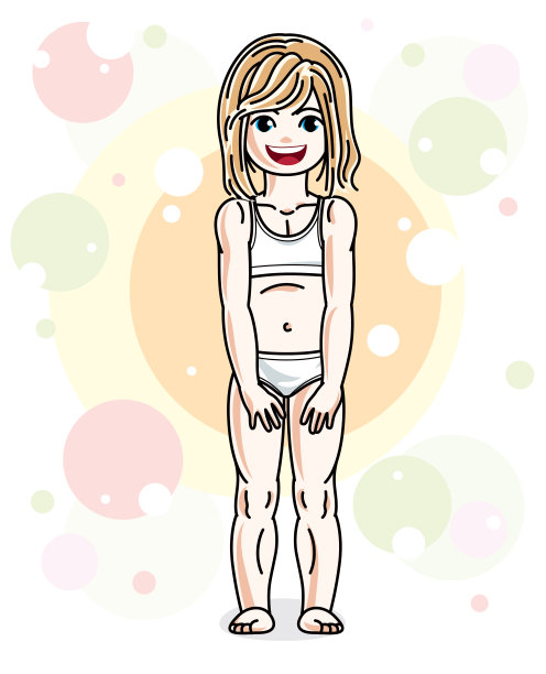 美丽快乐的小金发女孩在内衣摆姿势在彩色的背景气泡和圆圈。向量有吸引力的孩子插图。图片下载