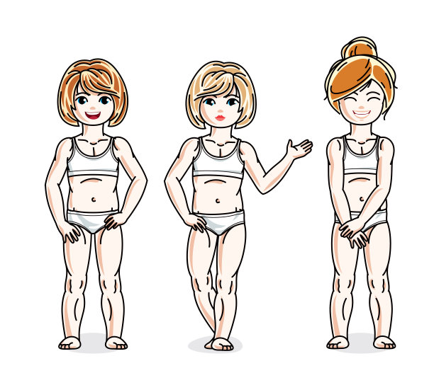 美丽快乐的小女孩在白色内衣摆姿势。矢量集美丽的孩子插图。图片下载