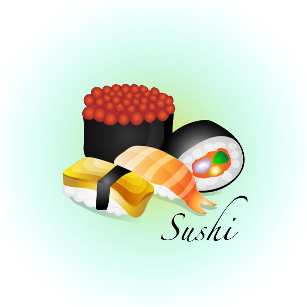 一套可爱的手绘寿司和生鱼片手绘矢量和插图，日本生食物大米，甜鸡蛋，虾，鲑鱼产卵和海藻在柔和的蓝色背景食物图标图片下载