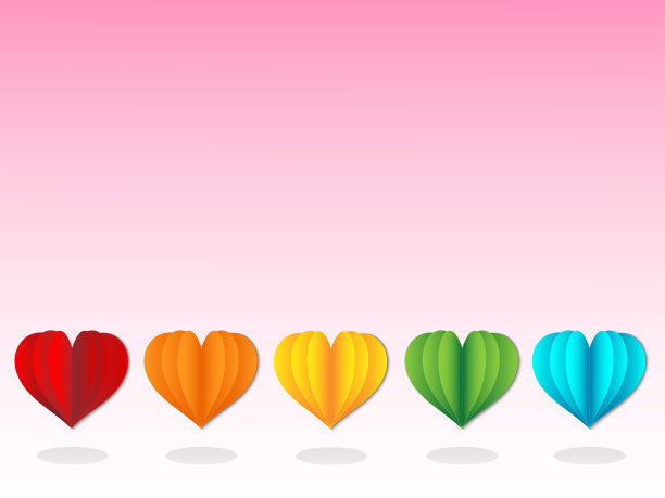 彩色的剪纸或纸工艺心形的红色，橙色，黄色，绿色和蓝色的颜色与甜粉粉的背景为情人节，婚礼和爱情主题卡，矢量和插图图片下载