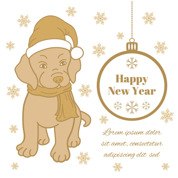 矢量新年贺卡或方形横幅。漂亮的小狗戴着圣诞老人的帽子和围巾。浅棕色物体孤立在白色背景上。你可以插入你自己的题词图片下载